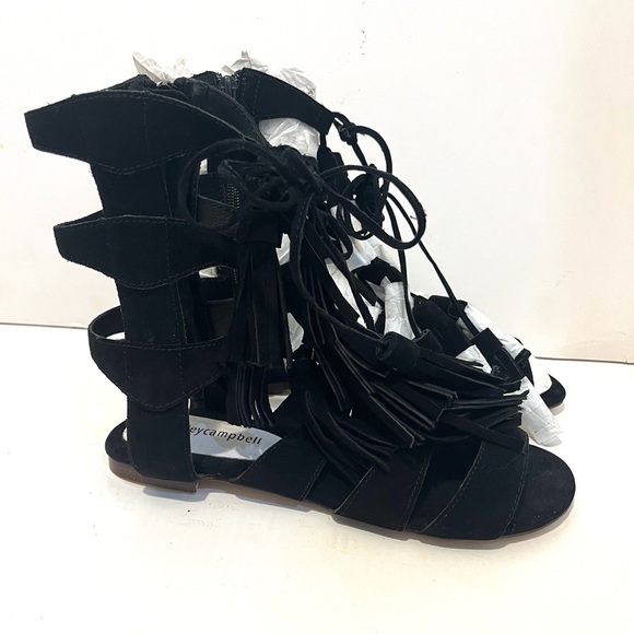 JEFFREY CAMPBELL REDONDO Black Fringe Low Heel Flat Gladiator Sandal 7.5 - Picture 13 of 14